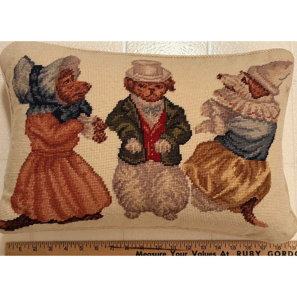 Vintage Needlepoint Dog Pillow Victorian Anthropomorphic Dogs Velvet Back 18x12
